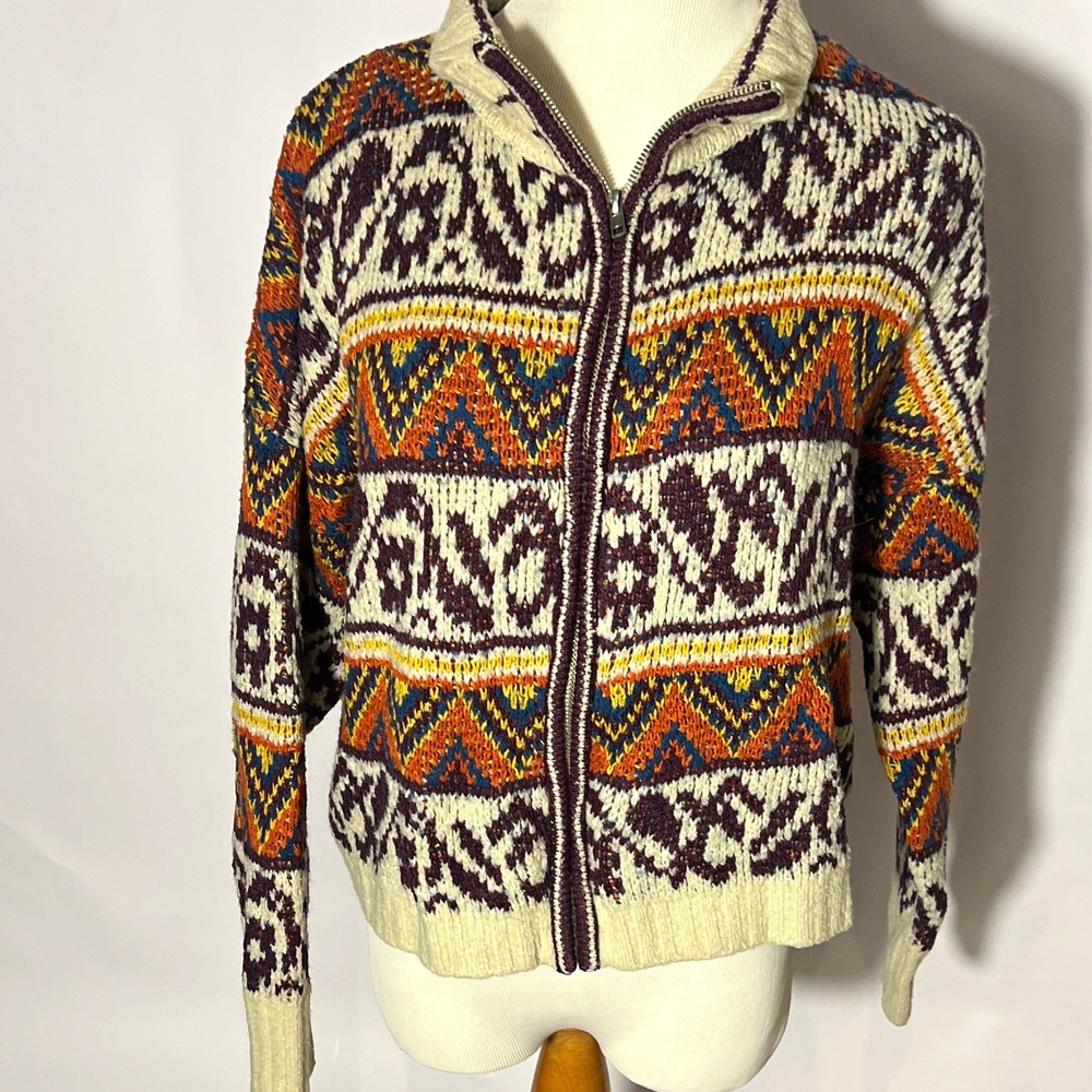 Tribal Print Kaleidoscope Cozy Knit Cardigan Sweater Grandpa Mock Neck Medium